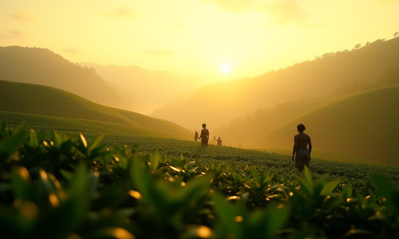 Plantación de café al amanecer, con vista panorámica y niebla