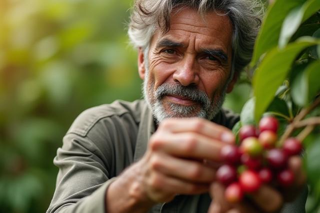 Agricultor de café examinando granos en una plantación latinoamericana, con expresión experta.