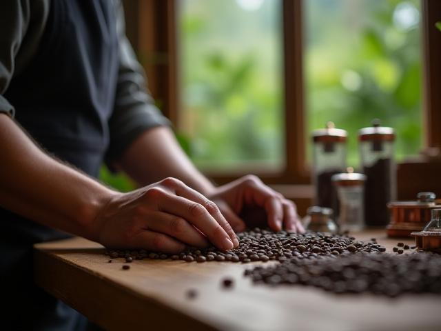 Un experto catador de café evaluando granos con equipos de laboratorio, simbolizando calidad y precisión con un fondo difuminado de plantaciones de café.