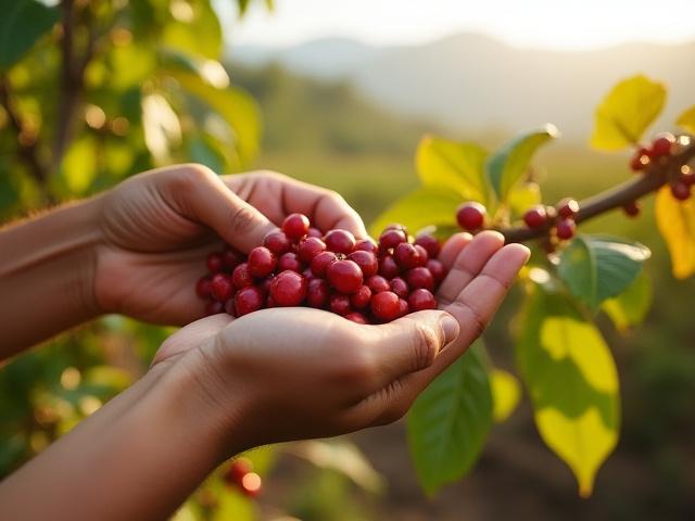 Manos expertas seleccionando granos de café maduros en una plantación en América Latina, con montañas brumosas al fondo.