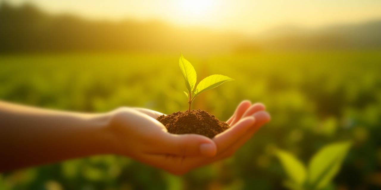 Mano sosteniendo una planta de café joven con el sol de fondo, simbolizando sostenibilidad y crecimiento.