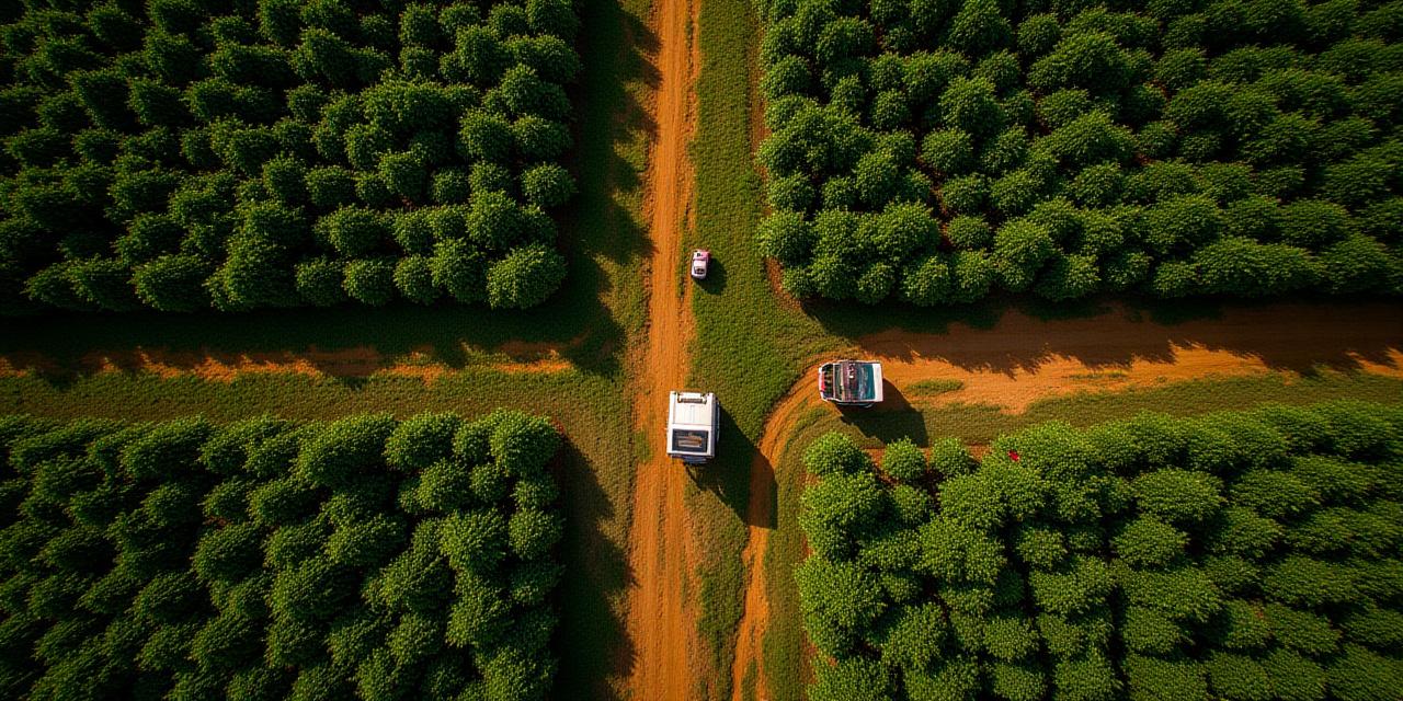Vista aérea de una finca de café bien organizada con trabajadores operando maquinaria, simbolizando eficiencia.